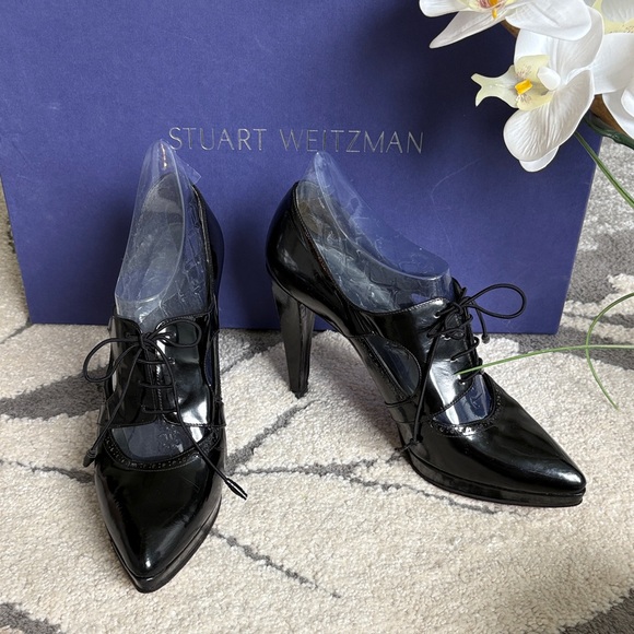Stuart Weitzman Glossy Black Lace-Up Heels